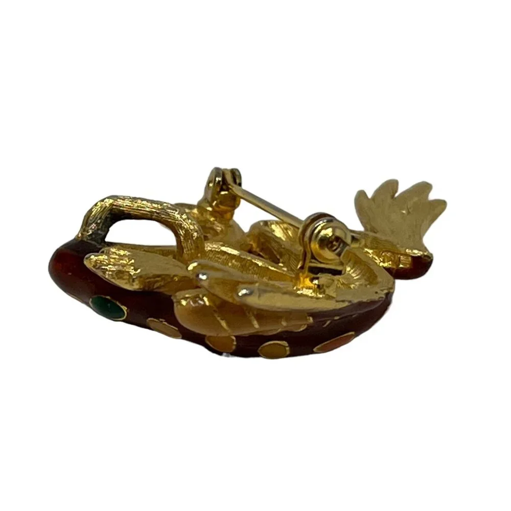 Frog Brooch Brown Enamel Pendant Green Yellow‎ Spots Gold Tone